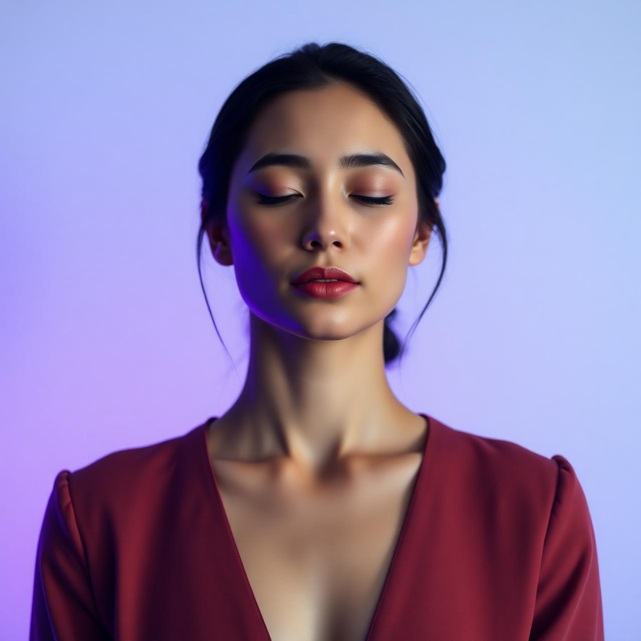 Woman calmly reflecting, softly lit